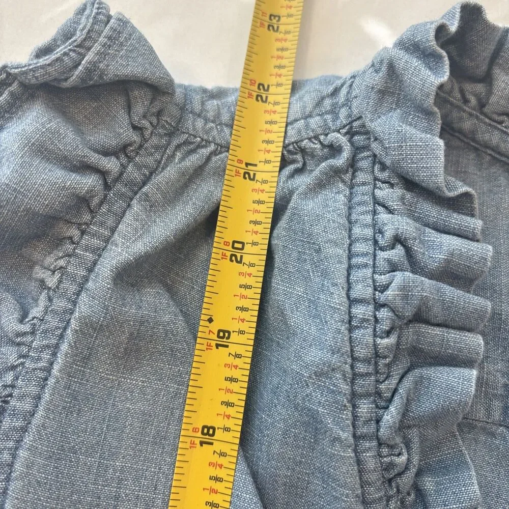 J.Crew Blue Chambray Ruffle Cap Sleeve Button Front Blouse Top Womens L
